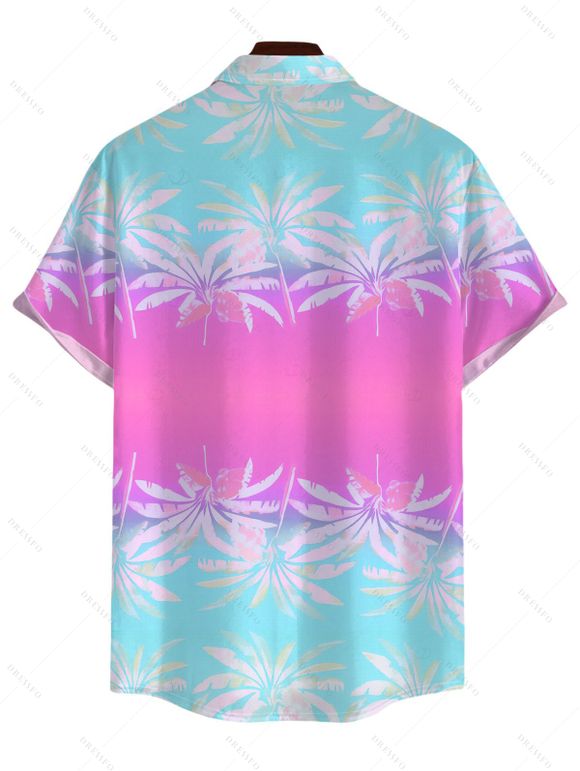 Beach Vacation Couple Outfit Ombre Palm Leaf Print Cinched Crossover Skirt 3pcs Tankini Swimsuit and Shirt Set - Rose Vif S | US 4