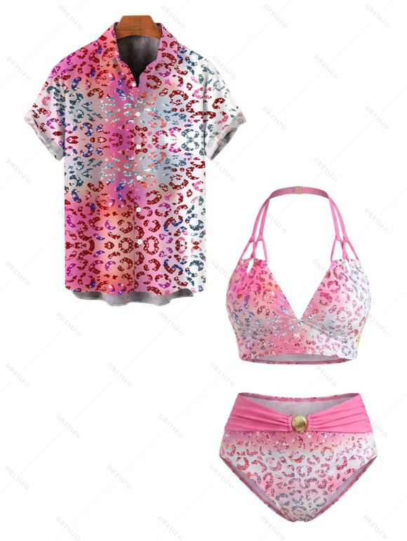 Beach Vacation Couple Outfit Ombre Sequined Leopard Print Ruched Halter Bikini Swimsuit and Shirt Set - Rose Vif S | US 4