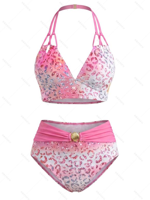 Beach Vacation Couple Outfit Ombre Sequined Leopard Print Ruched Halter Bikini Swimsuit and Shirt Set - Rose Vif S | US 4