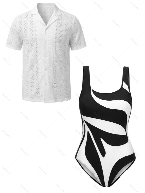 Beach Vacation Couple Outfit Monochrome Geometric Print One-piece Swimsuit and Hollow Out Shirt Set - Noir S | US 4