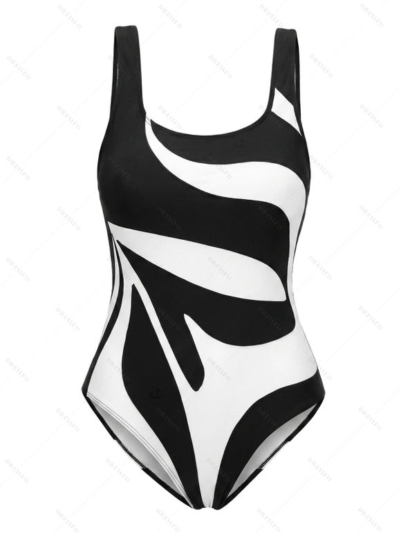 Beach Vacation Couple Outfit Monochrome Geometric Print One-piece Swimsuit and Hollow Out Shirt Set - Noir S | US 4