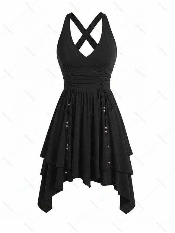 Robe de vacances unie à lacets froncés et ourlet asymétrique. - Noir S | US 4