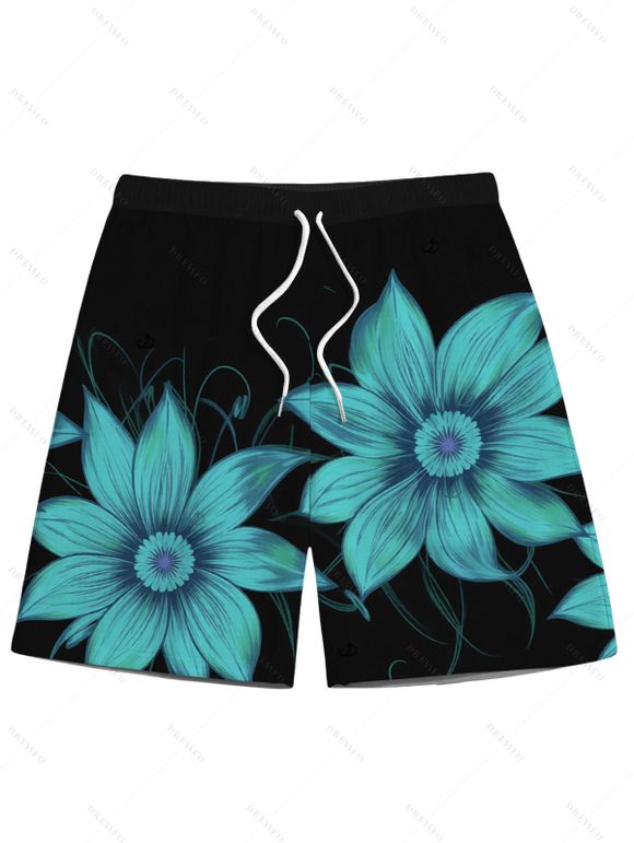 Beach Vacation Couple Outfit Sunflower Print Cinched Crossover Skirt 3pcs Swimsuit and Drawstring Shorts Set - Noir S | US 4