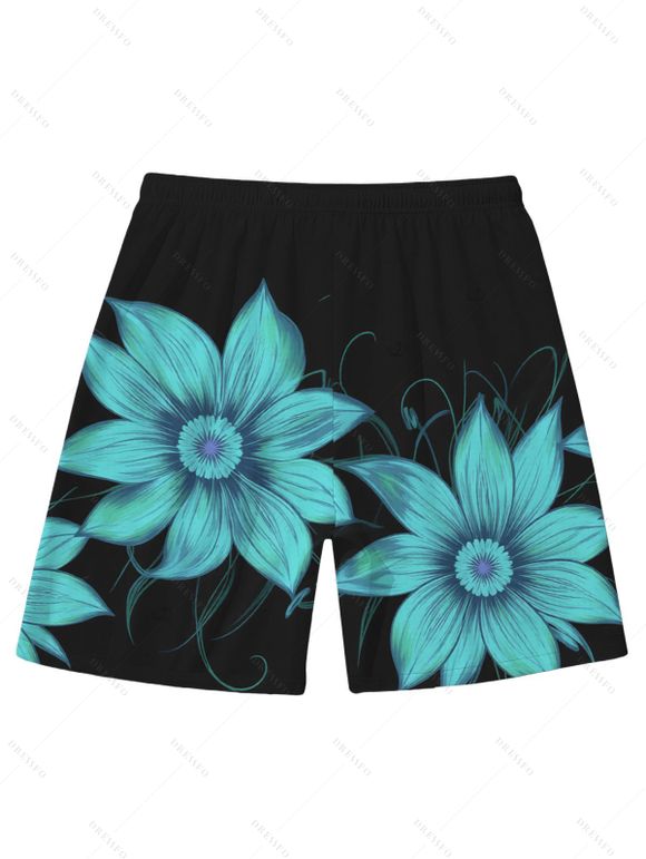 Beach Vacation Couple Outfit Sunflower Print Cinched Crossover Skirt 3pcs Swimsuit and Drawstring Shorts Set - Noir S | US 4