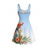 Vacation Couple Outfit Ombre Parrot Tropical Leaf Hibiscus Floral Print Ruched Bust Dress and Shirt Set - POWDER BLUE S | US 4