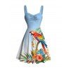 Vacation Couple Outfit Ombre Parrot Tropical Leaf Hibiscus Floral Print Ruched Bust Dress and Shirt Set - POWDER BLUE S | US 4