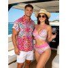 Beach Vacation Couple Outfit Ombre Sequined Leopard Print Ruched Halter Bikini Swimsuit and Shirt Set - HOT PINK S | US 4