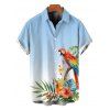 Vacation Couple Outfit Ombre Parrot Tropical Leaf Hibiscus Floral Print Ruched Bust Dress and Shirt Set - Bleu Poudre S | US 4