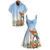 Vacation Couple Outfit Ombre Parrot Tropical Leaf Hibiscus Floral Print Ruched Bust Dress and Shirt Set - Bleu Poudre S | US 4