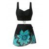 Beach Vacation Couple Outfit Sunflower Print Cinched Crossover Skirt 3pcs Swimsuit and Drawstring Shorts Set - Noir S | US 4