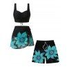 Beach Vacation Couple Outfit Sunflower Print Cinched Crossover Skirt 3pcs Swimsuit and Drawstring Shorts Set - Noir S | US 4