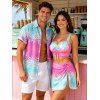 Beach Vacation Couple Outfit Ombre Palm Leaf Print Cinched Crossover Skirt 3pcs Tankini Swimsuit and Shirt Set - Rose Vif S | US 4