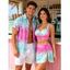 Beach Vacation Couple Outfit Ombre Palm Leaf Print Cinched Crossover Skirt 3pcs Tankini Swimsuit and Shirt Set - Rose Vif S | US 4