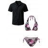 Vacation Couple Outfit Bicolor Tropical Hibiscus Floral Print Tied Halter Bikini Swimsuit and Hollow Out Shirt Set - Noir S | US 4