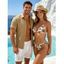 Beach Vacation Couple Outfit Tropical Coconut Tree Print Halter Bikini Swimsuit and Hollow Out Shirt Set - café lumière S | US 4