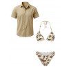 Beach Vacation Couple Outfit Tropical Coconut Tree Print Halter Bikini Swimsuit and Hollow Out Shirt Set - café lumière S | US 4