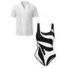 Beach Vacation Couple Outfit Monochrome Geometric Print One-piece Swimsuit and Hollow Out Shirt Set - Noir S | US 4