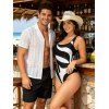 Beach Vacation Couple Outfit Monochrome Geometric Print One-piece Swimsuit and Hollow Out Shirt Set - Noir S | US 4