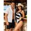 Beach Vacation Couple Outfit Monochrome Geometric Print One-piece Swimsuit and Hollow Out Shirt Set - Noir S | US 4