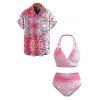 Beach Vacation Couple Outfit Ombre Sequined Leopard Print Ruched Halter Bikini Swimsuit and Shirt Set - Rose Vif S | US 4