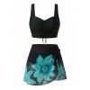 3pcs Vacation Tankini Sunflower Print Cinched Crossover Skirt Swimwear Set - Noir XXL | US 14