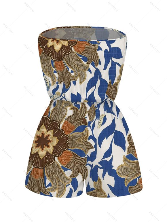 Vacation Vintage Romper Paisley Floral Leaf Print Pocket Off the Shoulder Romper - Bleu Marine XXL | US 14
