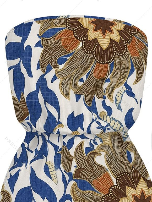 Vacation Vintage Romper Paisley Floral Leaf Print Pocket Off the Shoulder Romper - Bleu Marine XXL | US 14