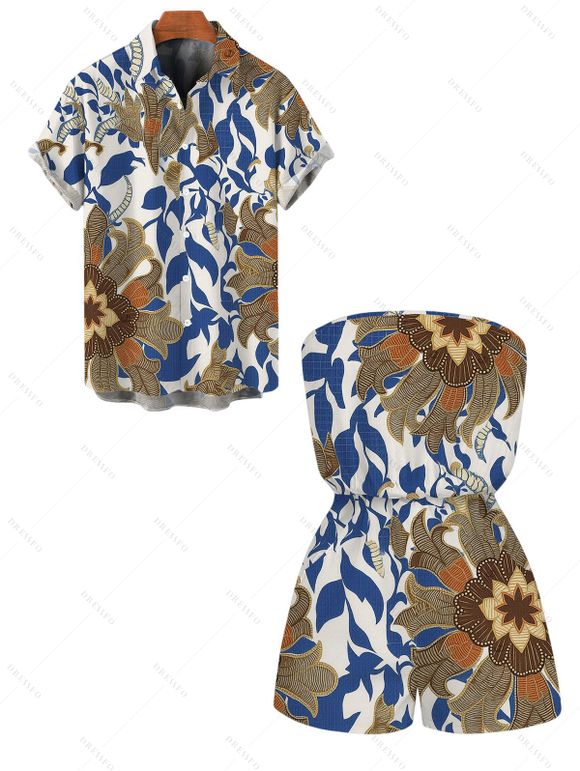 Vacation Vintage Couple Outfit Paisley Floral Leaf Print Pocket Off the Shoulder Romper and Shirt Set - Bleu Marine S | US 4