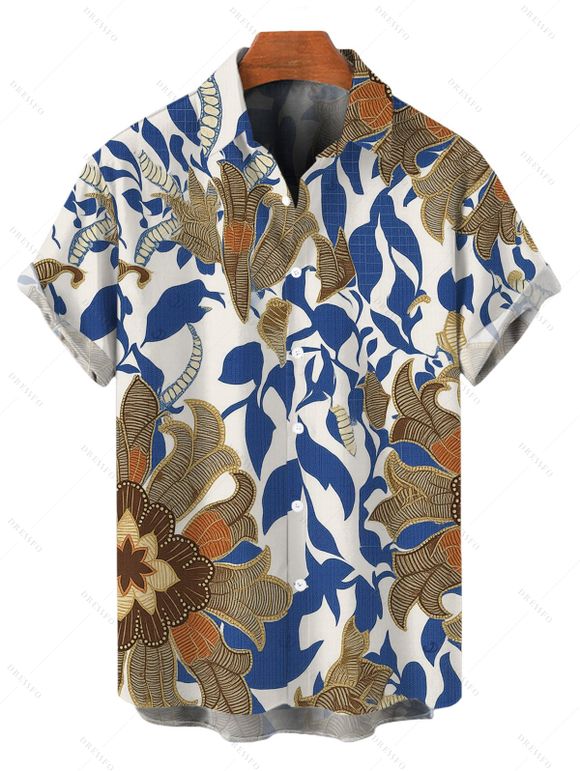 Vacation Vintage Couple Outfit Paisley Floral Leaf Print Pocket Off the Shoulder Romper and Shirt Set - Bleu Marine S | US 4