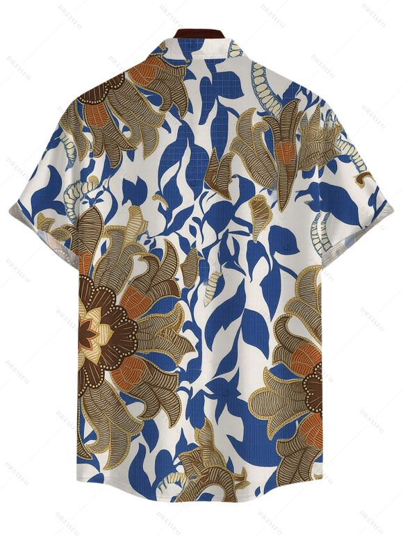Vacation Vintage Couple Outfit Paisley Floral Leaf Print Pocket Off the Shoulder Romper and Shirt Set - Bleu Marine S | US 4