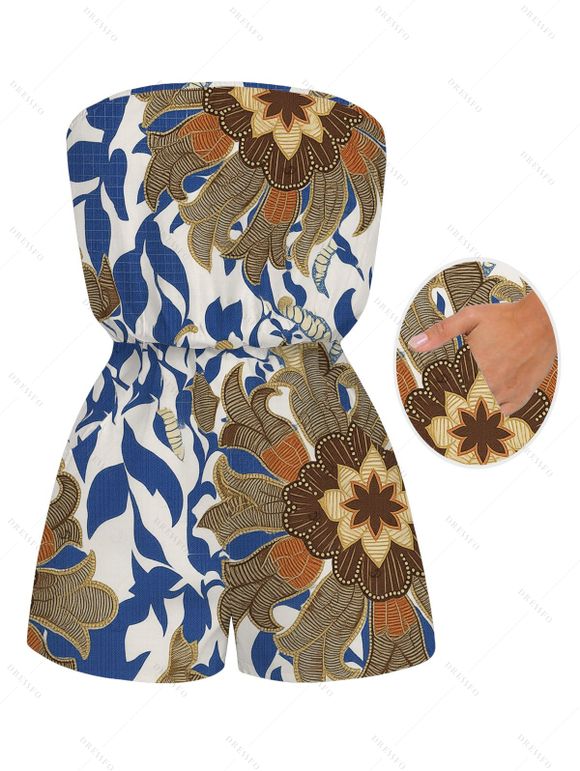 Vacation Vintage Couple Outfit Paisley Floral Leaf Print Pocket Off the Shoulder Romper and Shirt Set - Bleu Marine S | US 4