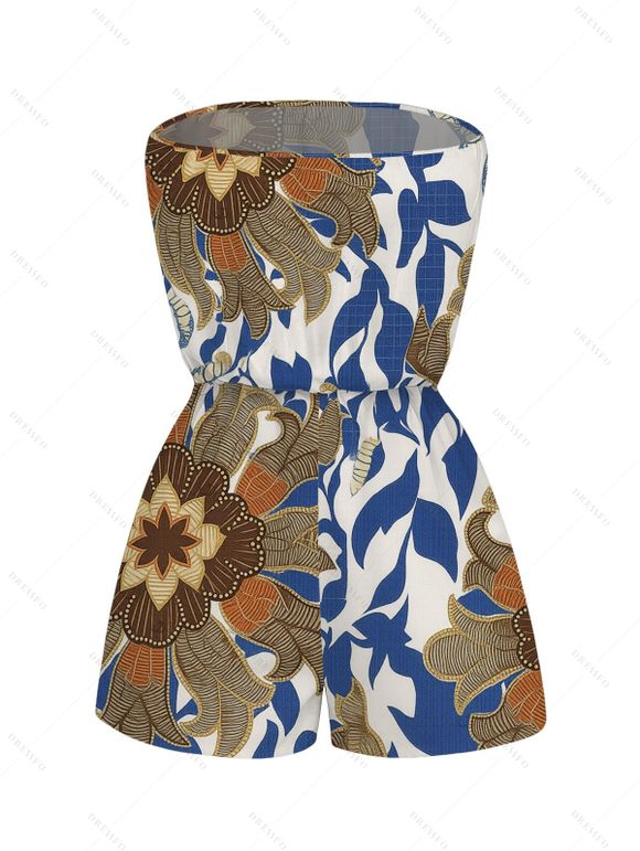 Vacation Vintage Couple Outfit Paisley Floral Leaf Print Pocket Off the Shoulder Romper and Shirt Set - Bleu Marine S | US 4