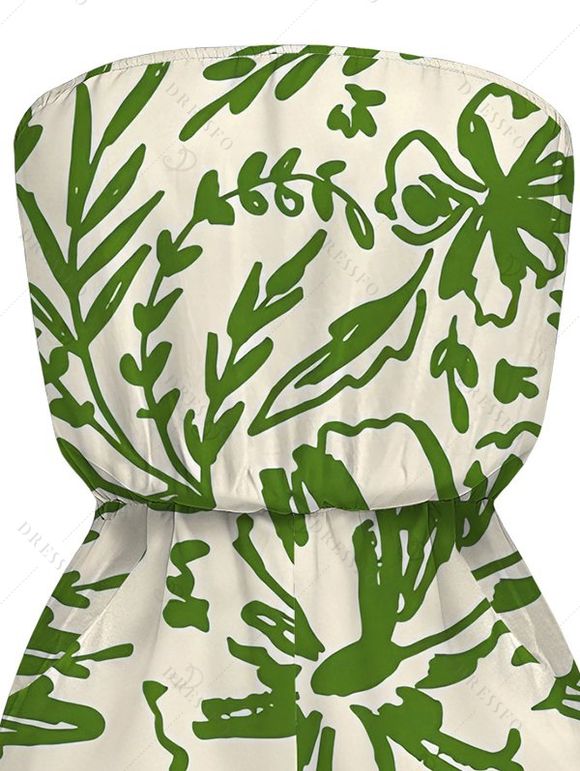 Beach Vacation Romper Line Art Floral Leaf Print Pocket Off the Shoulder Romper - PLANT GREEN XXL | US 14