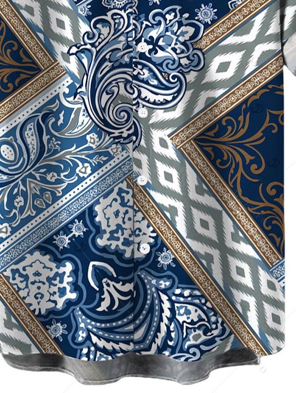 Men's Bohemian Shirt Paisley Geometric Print Button Up Vacation Shirt - Bleu de Minuit 5XL