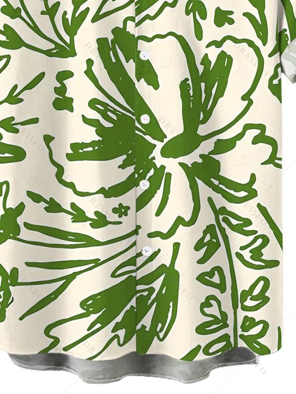 Men's Beach Vacation Shirt Line Art Floral Leaf Print Button Up Shirt - PLANT GREEN 5XL