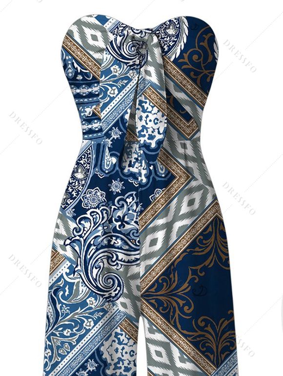 Bohemian Jumpsuit Paisley Geometric Print Pocket Bowknot Off the Shoulder Vacation Jumpsuit - Bleu Marine XXL | US 14