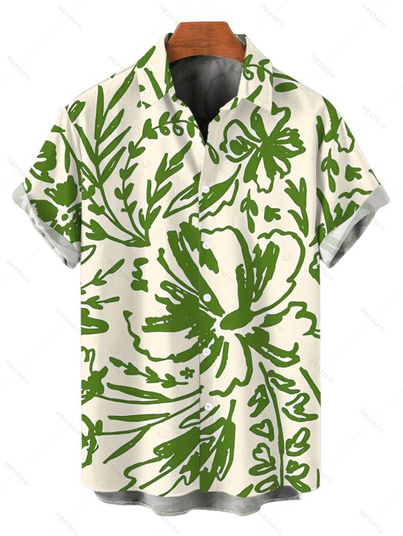 Beach Vacation Couple Outfit Line Art Floral Leaf Print Pocket Off the Shoulder Romper and Shirt Set - PLANT GREEN S | US 4