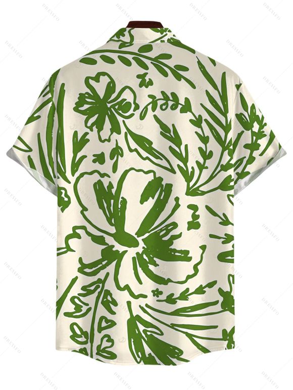 Beach Vacation Couple Outfit Line Art Floral Leaf Print Pocket Off the Shoulder Romper and Shirt Set - PLANT GREEN S | US 4