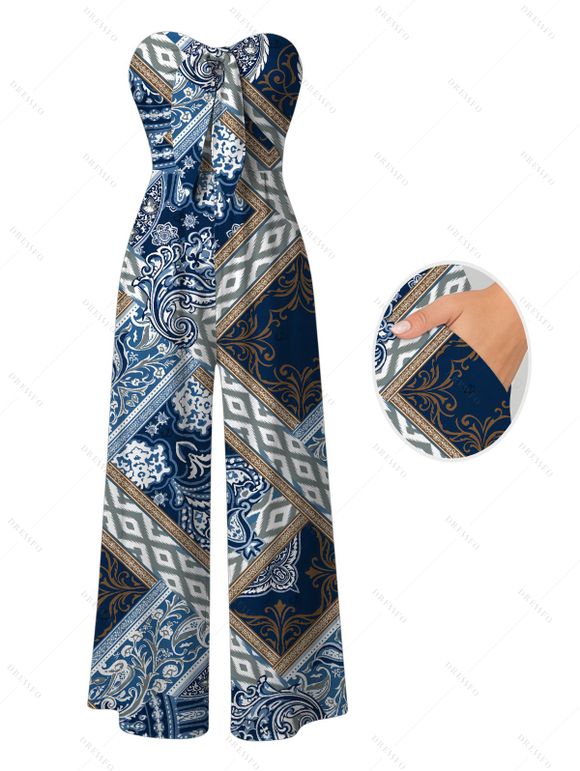 Bohemian Couple Outfit Paisley Geometric Print Pocket Bowknot Off the Shoulder Jumpsuit and Shirt Set - Bleu Marine S | US 4