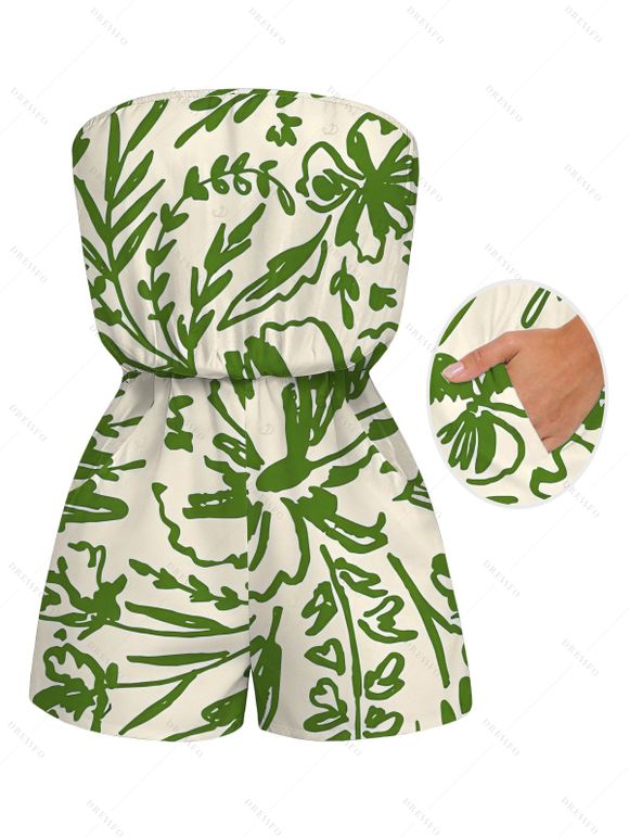 Beach Vacation Couple Outfit Line Art Floral Leaf Print Pocket Off the Shoulder Romper and Shirt Set - PLANT GREEN S | US 4