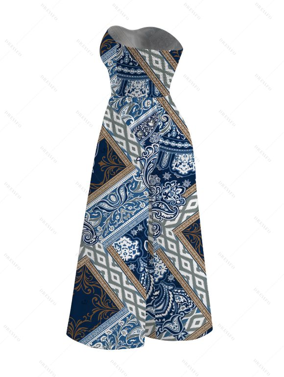 Bohemian Couple Outfit Paisley Geometric Print Pocket Bowknot Off the Shoulder Jumpsuit and Shirt Set - Bleu Marine S | US 4