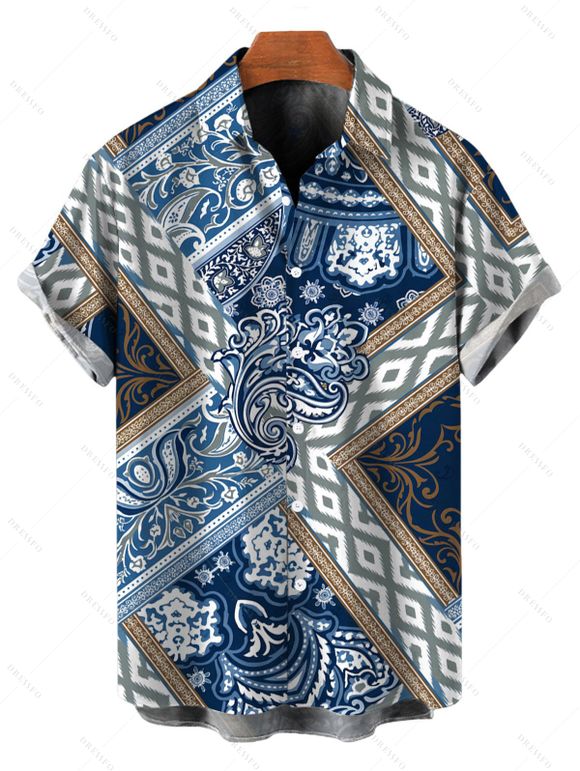 Bohemian Couple Outfit Paisley Geometric Print Pocket Bowknot Off the Shoulder Jumpsuit and Shirt Set - Bleu Marine S | US 4