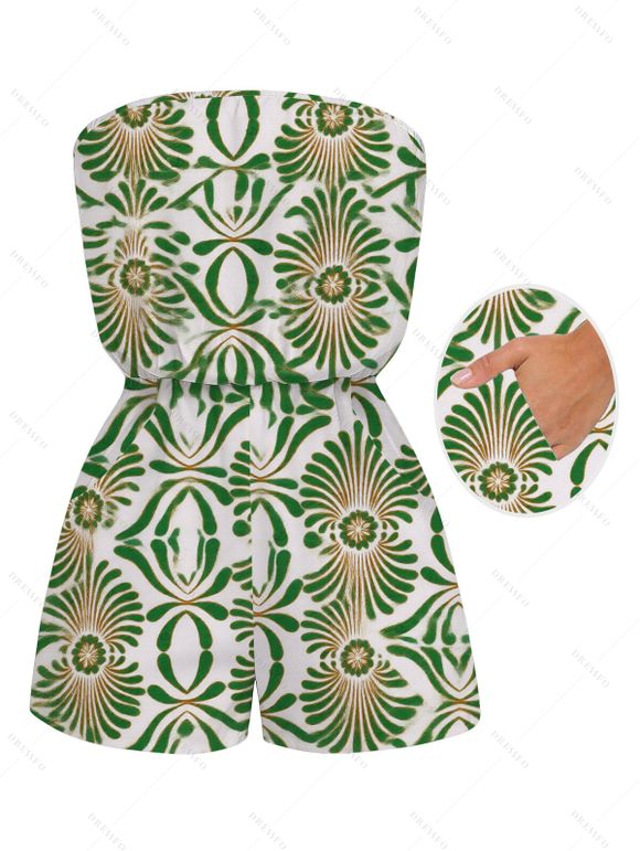 Vacation Couple Outfit Vintage Ethnic Floral Print Pocket Off the Shoulder Romper and Hollow Out Shirt Set - Vert S | US 4