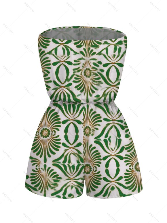 Vacation Couple Outfit Vintage Ethnic Floral Print Pocket Off the Shoulder Romper and Hollow Out Shirt Set - Vert S | US 4