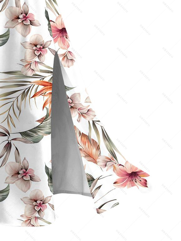 Hawaiian Dress Tropical Flower Leaf Print Lace Hollow Out Slit Spaghetti Strap Dress - Blanc XXXXXL | US 20