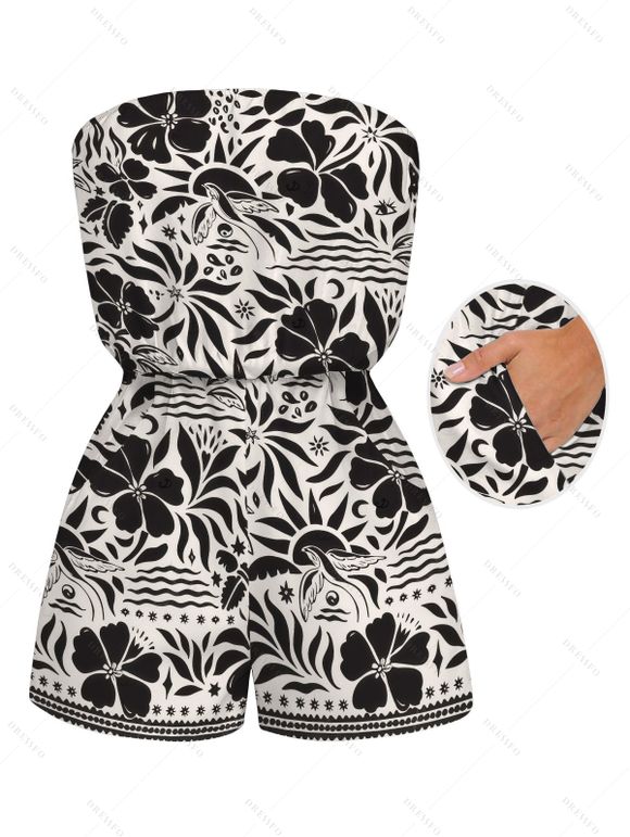 Hawaiian Vacation Romper Monochrome Vintage Floral Bird Print Pocket Off the Shoulder Romper - Noir XXL | US 14