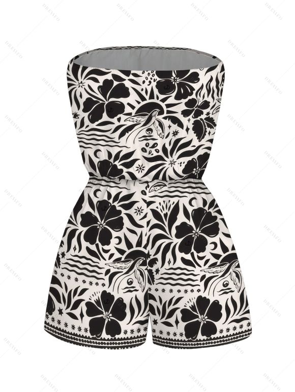 Hawaiian Vacation Romper Monochrome Vintage Floral Bird Print Pocket Off the Shoulder Romper - Noir XXL | US 14