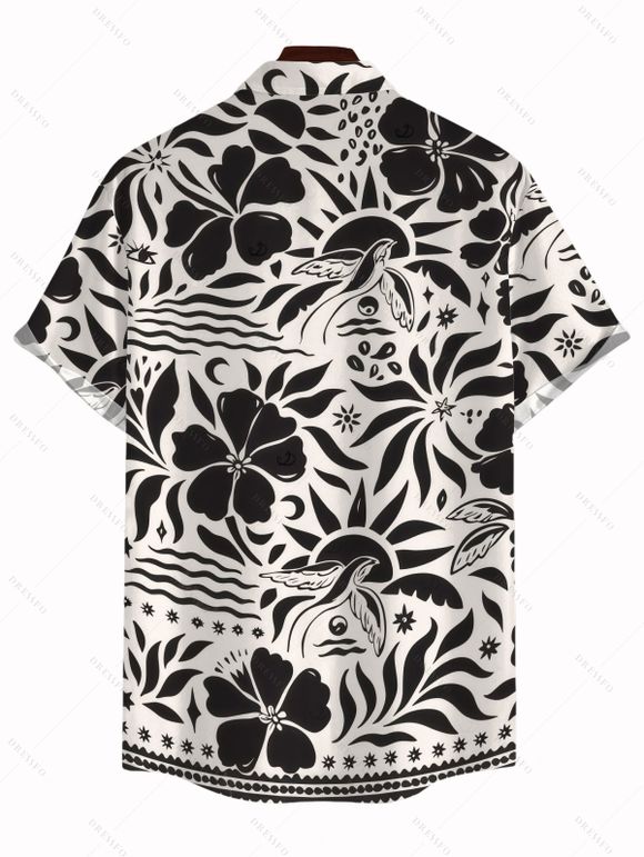 Men's Hawaiian Vacation Shirt Monochrome Vintage Floral Bird Print Button Up Shirt - Noir 5XL