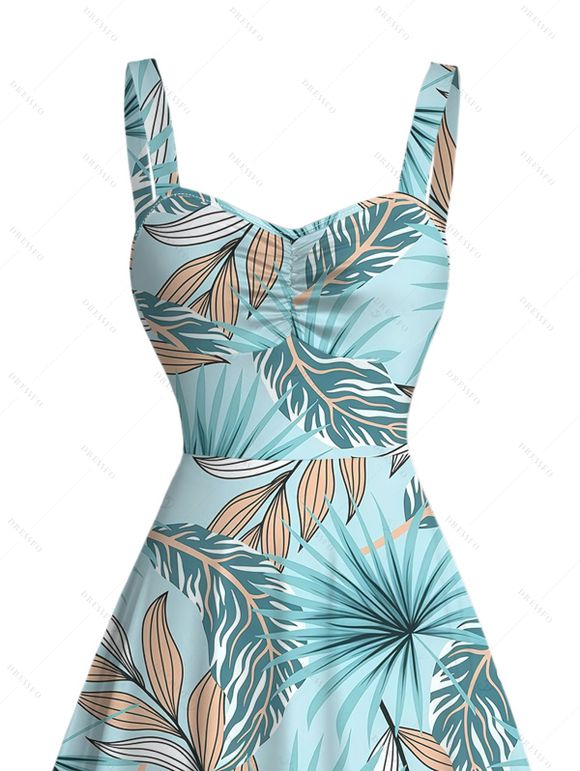 Hawaiian Dress Tropical Palm Leaf Print Ruched Bust Mini Vacation Dress - Bleu clair XXXXXL | US 20