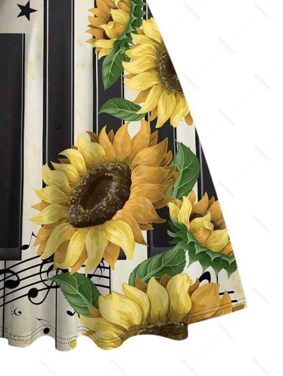 Vintage Dress Sunflower Star Striped Music Notes Print Ruched Bust Mini Dress - Noir XXXXXL | US 20